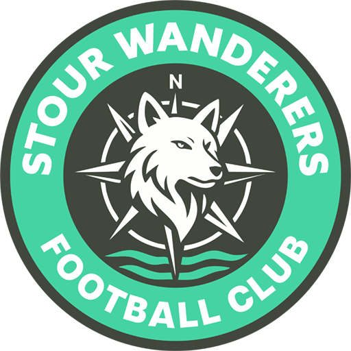 Logo of Stour Wanderers Football Club featuring a wolf's head in front of a compass, with waves below and a teal and dark grey circular border